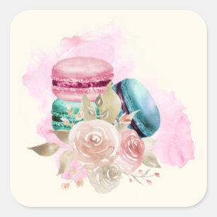 Waterverf voor kleurrijke Macarons en bloemen Vierkante Sticker