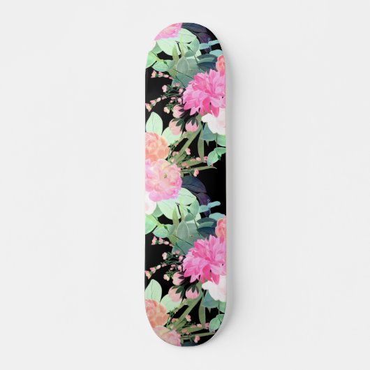 Waterverf voor Trendy Pink & Black Flowers Skateboard (Voorkant)