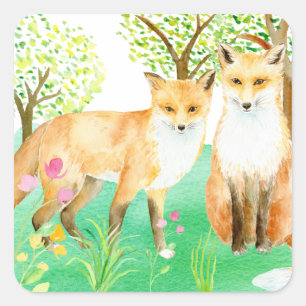 Waterverf vos paar art print vierkante sticker