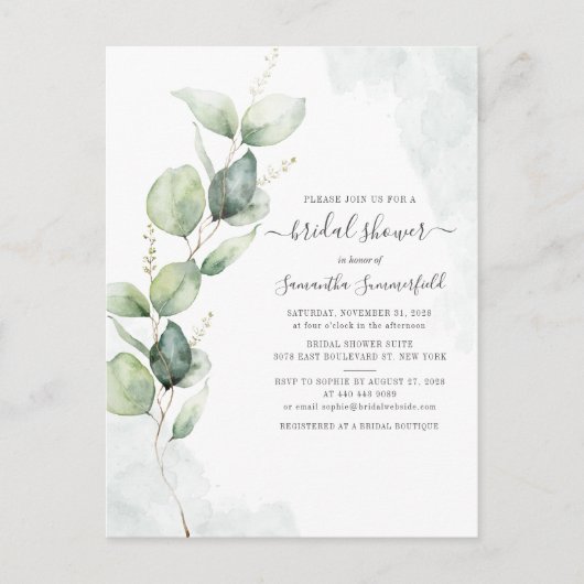 Waterverf Vrijgezellenfeest Eucalyptus Script Flor Uitnodiging Briefkaart (Voorkant)