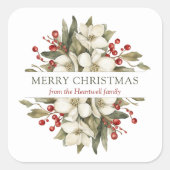 Waterverf Vrolijk Kerstfeest Bloemen Magnolia Bess Vierkante Sticker (Voorkant)