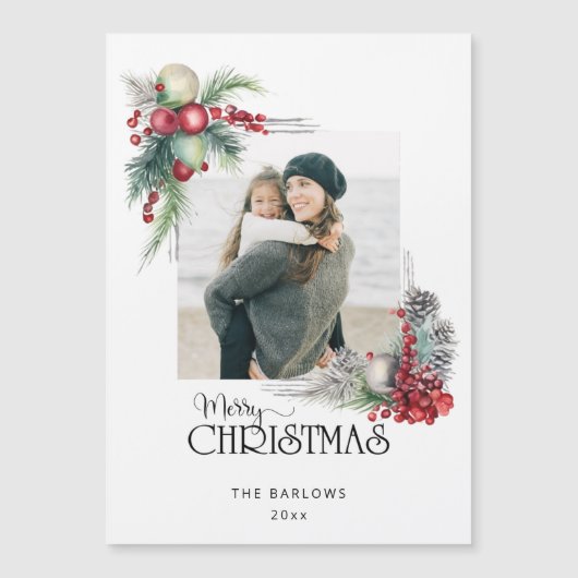 Waterverf Vrolijk Kerstfeest Kerstmis Bloemen Foto (Voorkant)