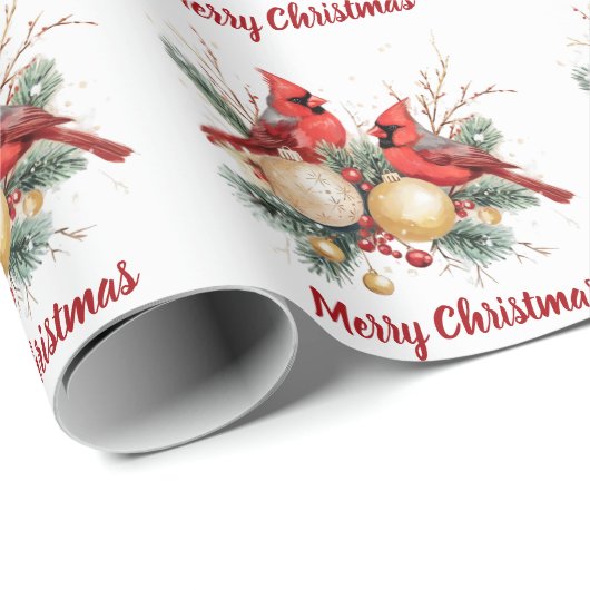 Waterverf Vrolijk Kerstfeest Rode Kardinaal & Bess Cadeaupapier (Rol Hoek)