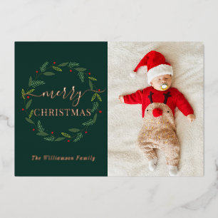 Waterverf Vrolijk Kerstkrans Baby Foto Folie Feestdagenkaart