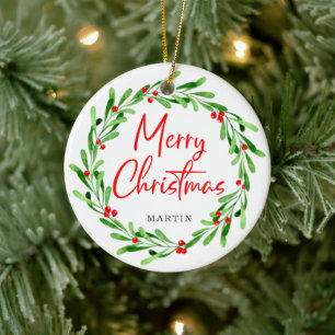 Waterverf Vrolijke Kerstkrans gepersonaliseerd Keramisch Ornament