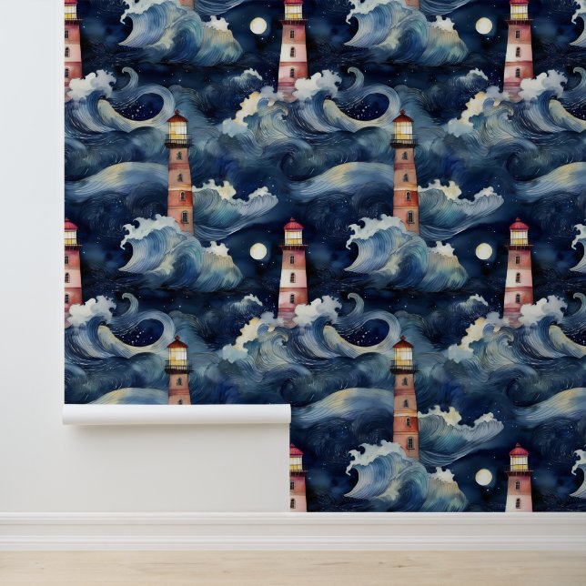 Waterverf vuurtoren Blue Ocean Waves Zee Shore Behang (Applicatie)