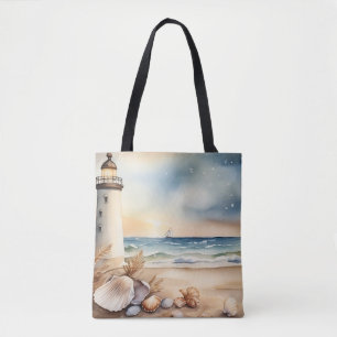 Waterverf vuurtoren en strand draagtas