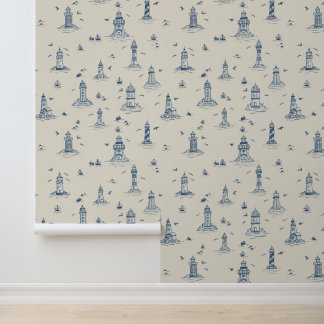 Waterverf Vuurtoren Kust Toile in Blauw en Wit Behang