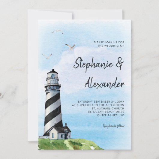 Waterverf vuurtoren Moderne bruiloft Kaart (Voorkant)