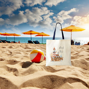 Waterverf vuurtoren strand tote bag