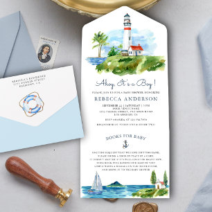 Waterverf Vuurtoren Zeevaart Baby Shower All In One Uitnodiging