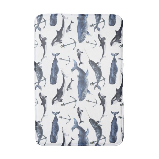 Waterverf-walvis en ankerpatroon badmat (Voorkant Verticaal)
