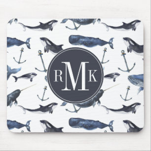 Waterverf-walvis en ankerpatroon muismat