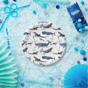 Waterverf-walvis en ankerpatroon papieren bordje