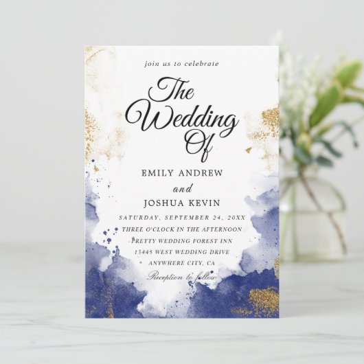 Waterverf was | Uitnodiging tot blauwe bruiloft (Staand voorkant)