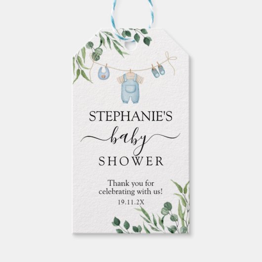 Waterverf Wasserij Blue Greenery Baby shower Cadeaulabel (Voorkant)
