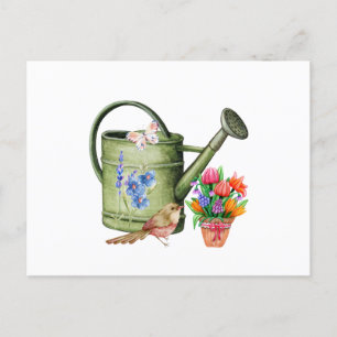 Waterverf Watering Can, Flowers en Bird Briefkaart