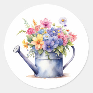 Waterverf Watering Can met Tuinbloemen Ronde Sticker