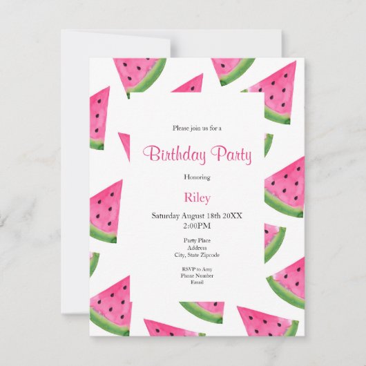 Waterverf Watermelon Wedge en Patroonuitnodiging Kaart (Voorkant)