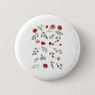 Waterverf Waterverf Rozen Groene bladeren Bladeren Ronde Button 5,7 Cm
