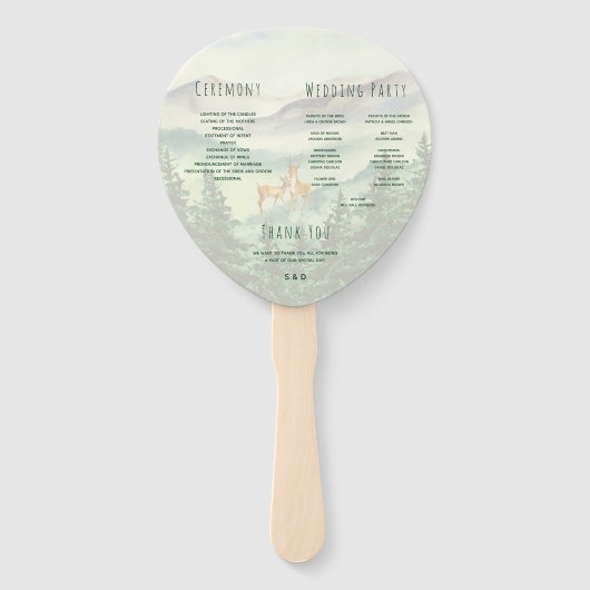 Waterverf Wedding Program Mountains Deer Pines Handwaaier (Achterkant)