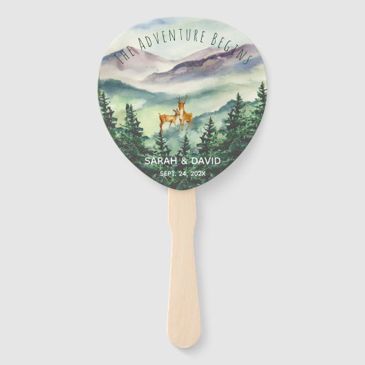 Waterverf Wedding Program Mountains Deer Pines Handwaaier (Voorkant)