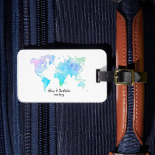 Waterverf Wereldkaart Bruiloft Pas getrouwd Trip G Bagagelabel