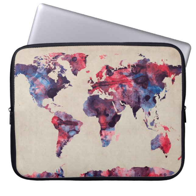 waterverf wereldkaart laptop sleeve (Voorkant)