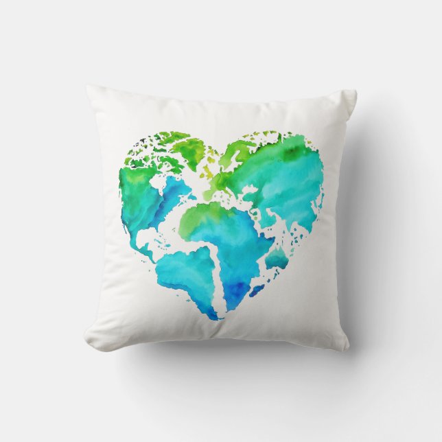 Waterverf Wereldkaart Pillow - Heart Shaped Map Kussen (Voorkant)