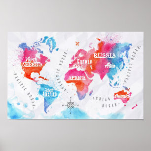 Waterverf wereldkaart roze blauw poster