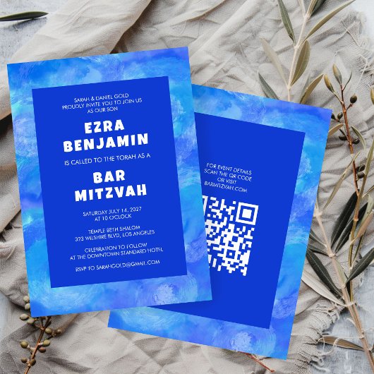 Waterverf Wervelt Aangepaste QR CODE Bar Bat Mitzv Kaart