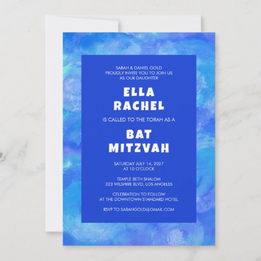Waterverf Wervelt Blauw Custom Bar Bat Mitzvah Kaart (Voorkant)