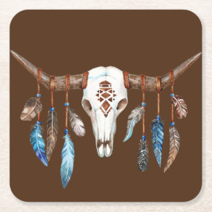 Waterverf Westerne schedel met veren Vierkante Kartonnen Onderzetter