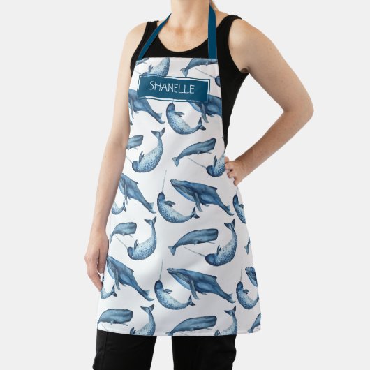 Waterverf Whale en Narwhal Pattern met Naam Schort (Insitu)