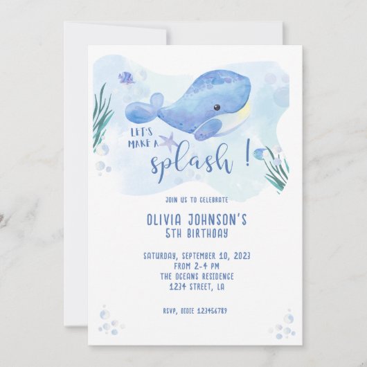 Waterverf Whale Tastic Blue Verjaardagsuitnodiging Kaart (Voorkant)