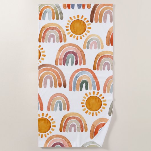 Waterverf Whimsical Boho Rainbow en Sun Kinder Strandlaken (Voorkant)