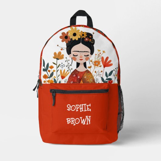 Waterverf Whimsical Frida Kahlo met Naam Sinaasapp Bedrukte Rugzak (Voorkant)