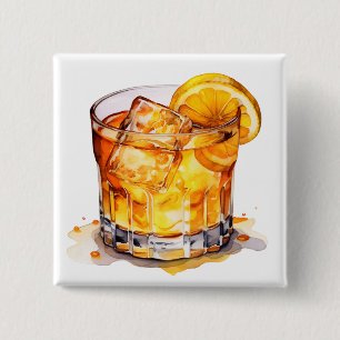 Waterverf Whiskey Drink Vierkante Button 5,1 Cm