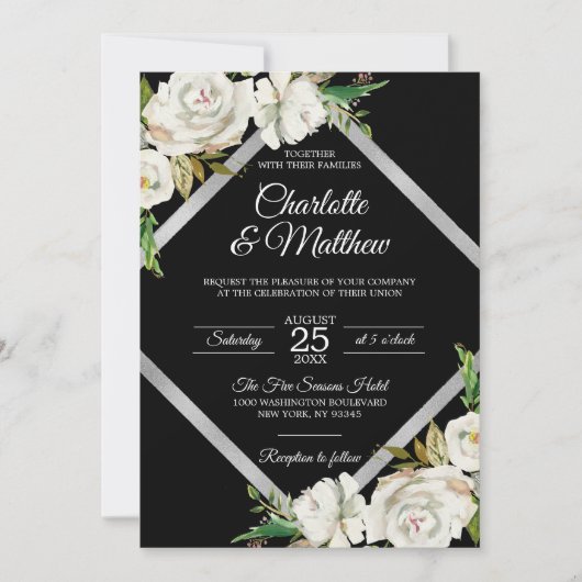 Waterverf White Black Floral Wedding Invitation Kaart (Voorkant)