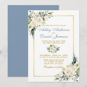 Waterverf White Floral Dusty Blue Gold Wedding Kaart
