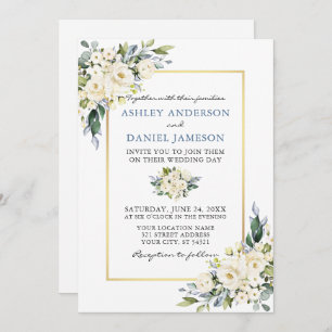 Waterverf White Floral Dusty Blue Photo Wedding Kaart