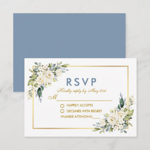Waterverf White Floral Dusty Blue Wedding Gold RSVP Kaartje