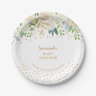Waterverf White Floral + Gold confetti Papieren Bordje