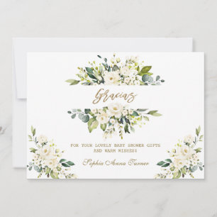 Waterverf White Floral Gold Gracias Baby shower Bedankkaart