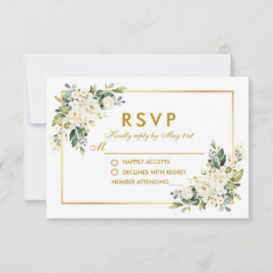 Waterverf White Floral Greenery Wedding Gold RSVP Kaartje