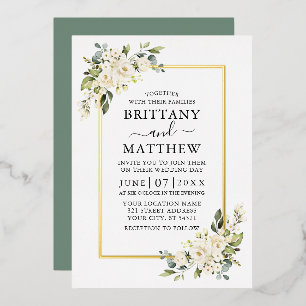 Waterverf White Floral Wedding Sage Green Gold Folie Uitnodiging