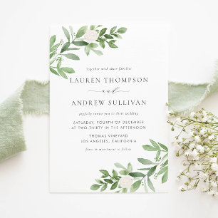 Waterverf White Flowers en Greenery Wedding Uitnodiging Briefkaart