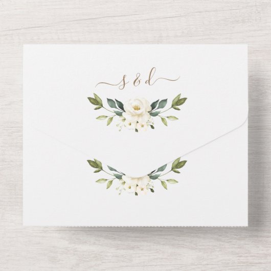 Waterverf White Flowers Gold Monogram Weddenschap All In One Uitnodiging (Achterkant)