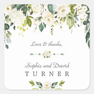 Waterverf White Flowers Green Foliage Wedding Vierkante Sticker
