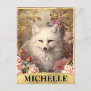 Waterverf White Fox en Roze Roses Briefkaart